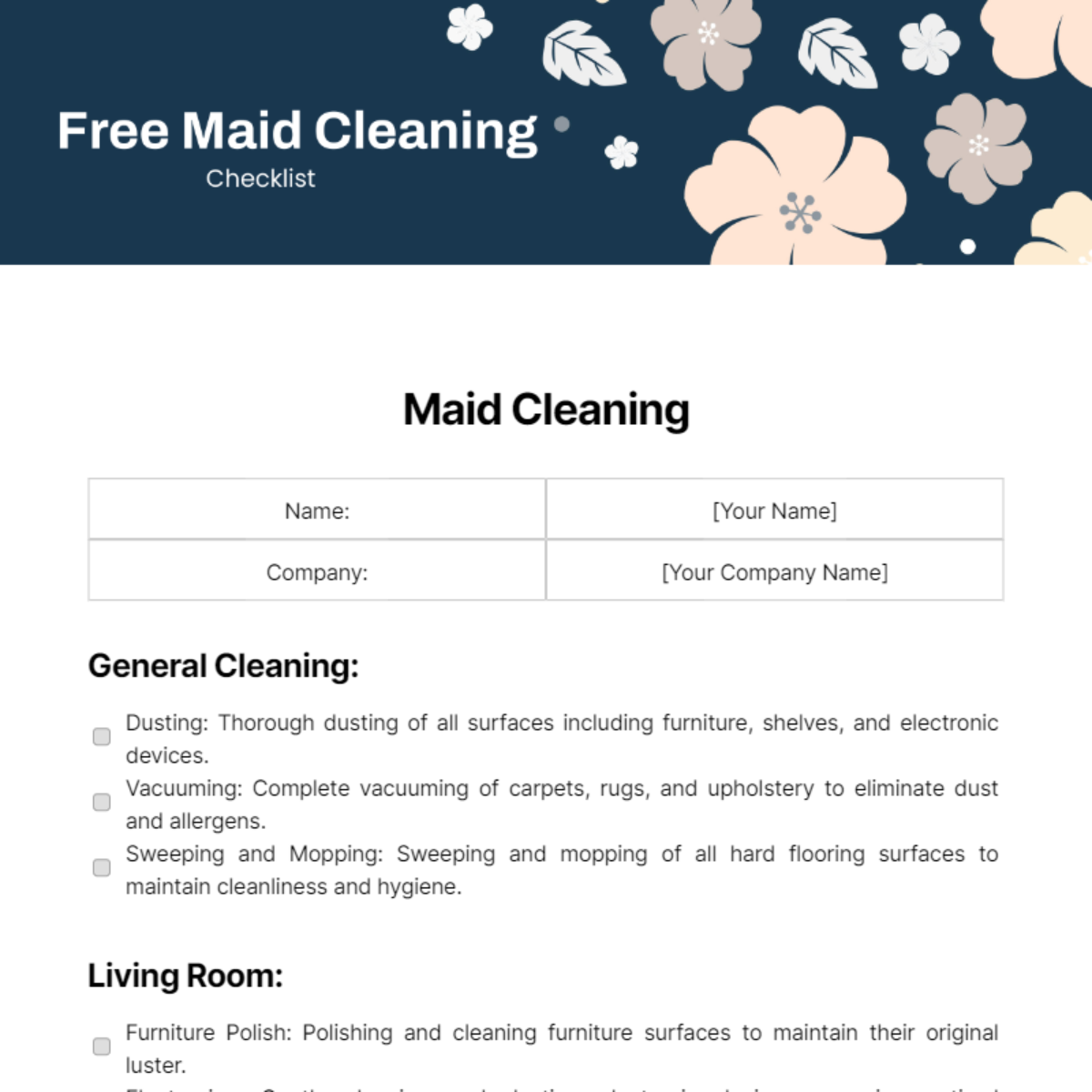 Maid Cleaning Checklist Template