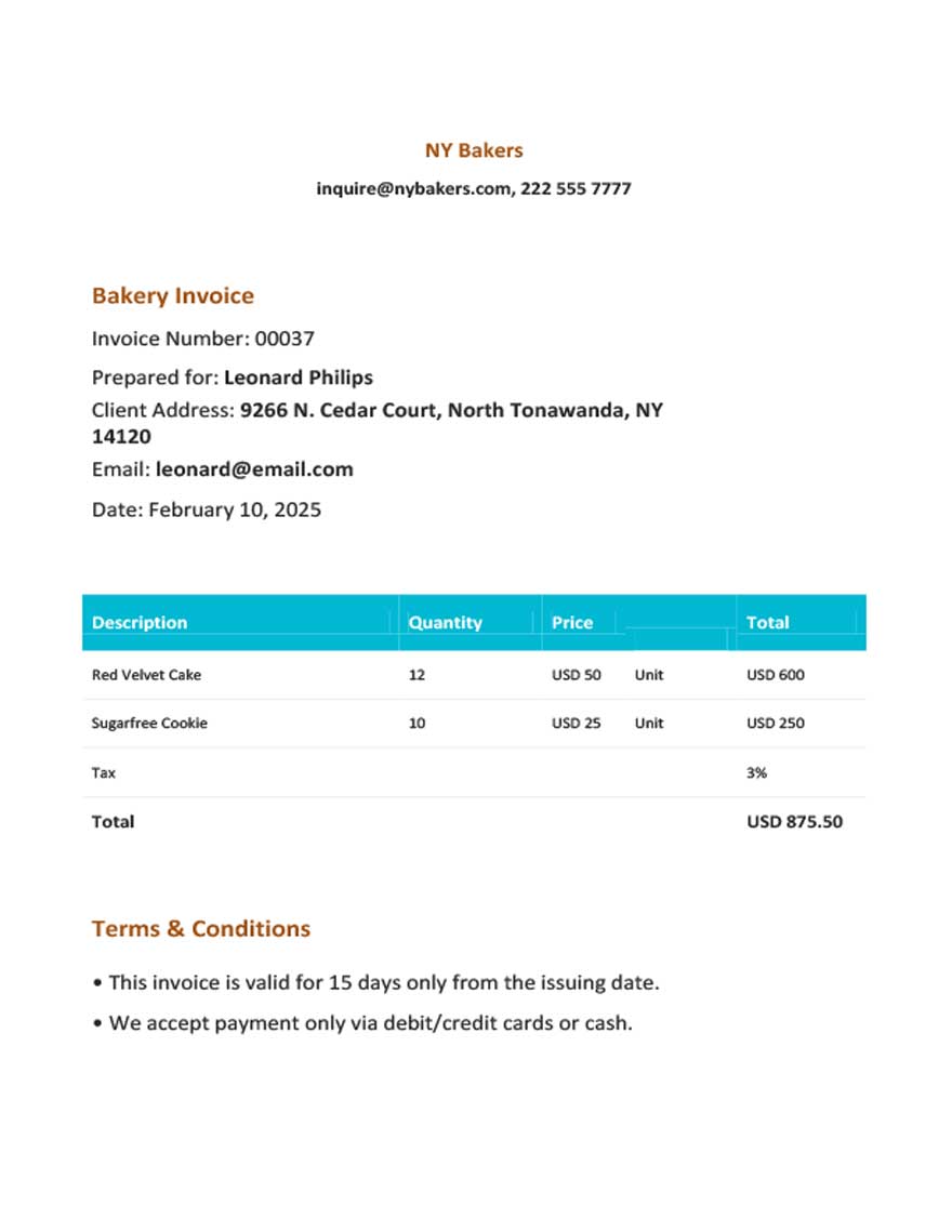FREE Bakery Invoice Template Download in Word Google Docs Excel
