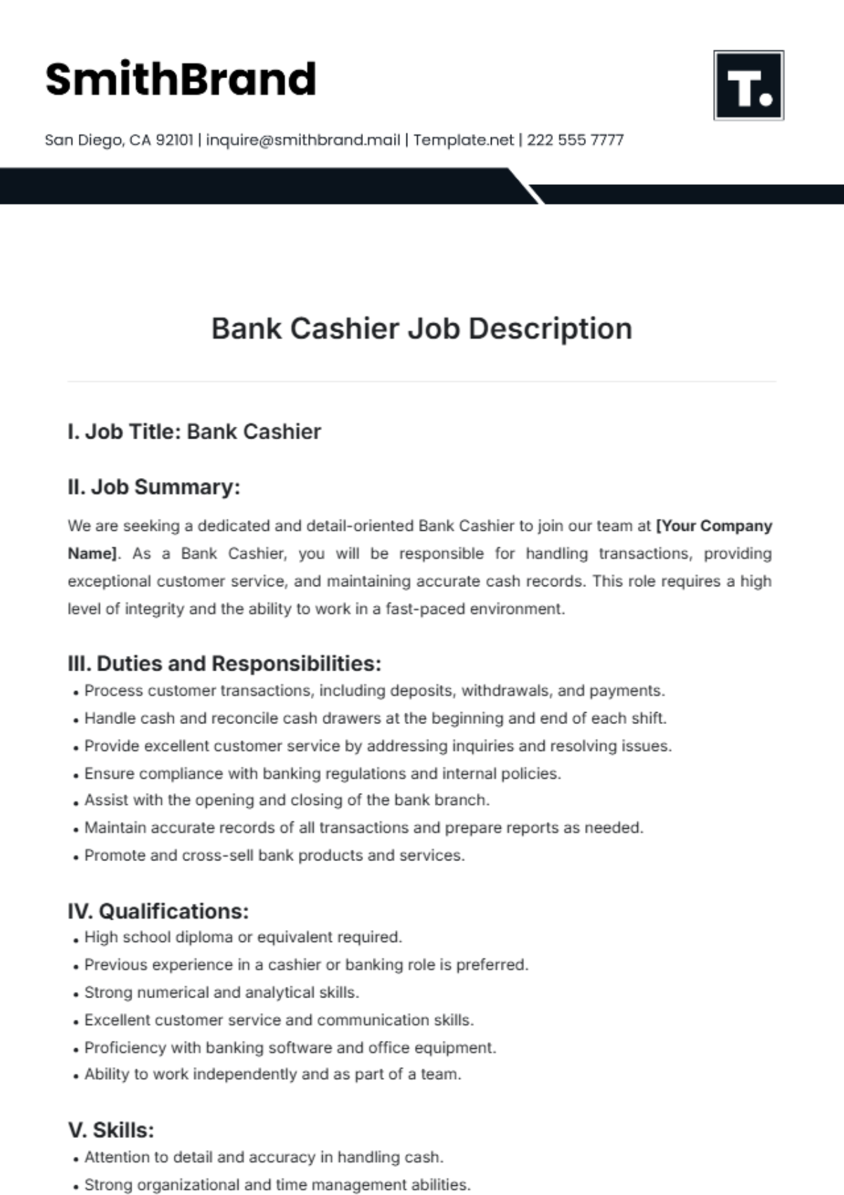 Bank Cashier Job Description Template - Edit Online & Download