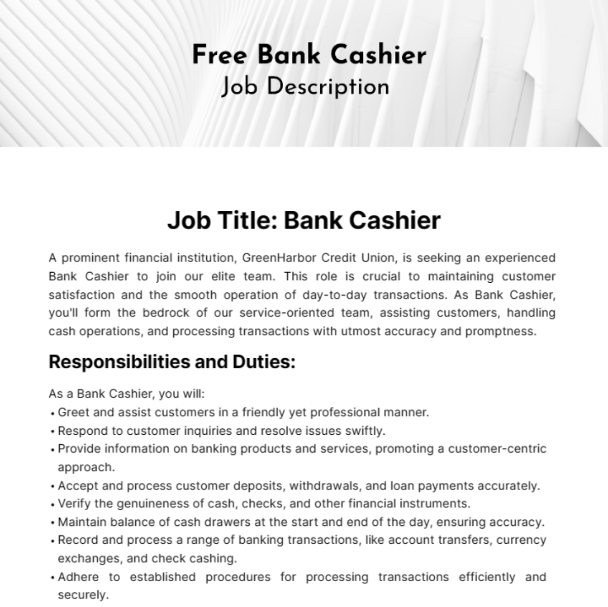 Bank Cashier Job Description Template