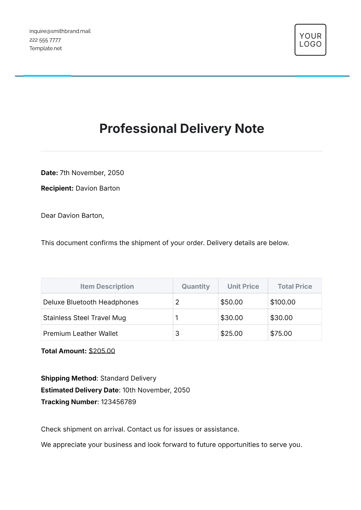 Professional Delivery Note Template - Edit Online & Download