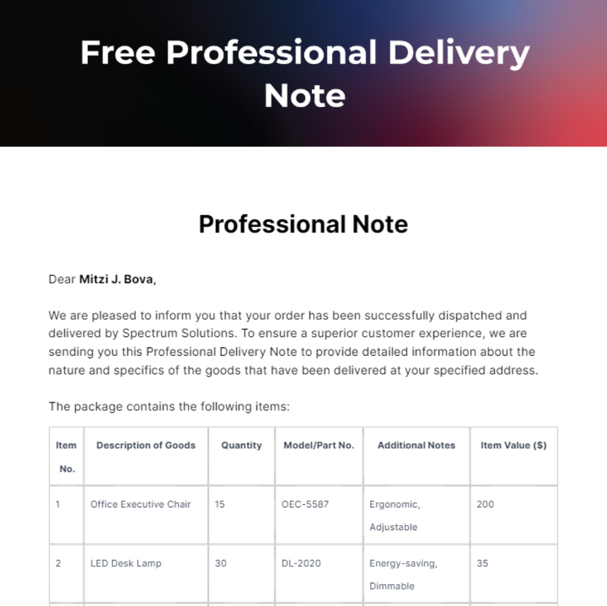 Free Professional Delivery Note Template
