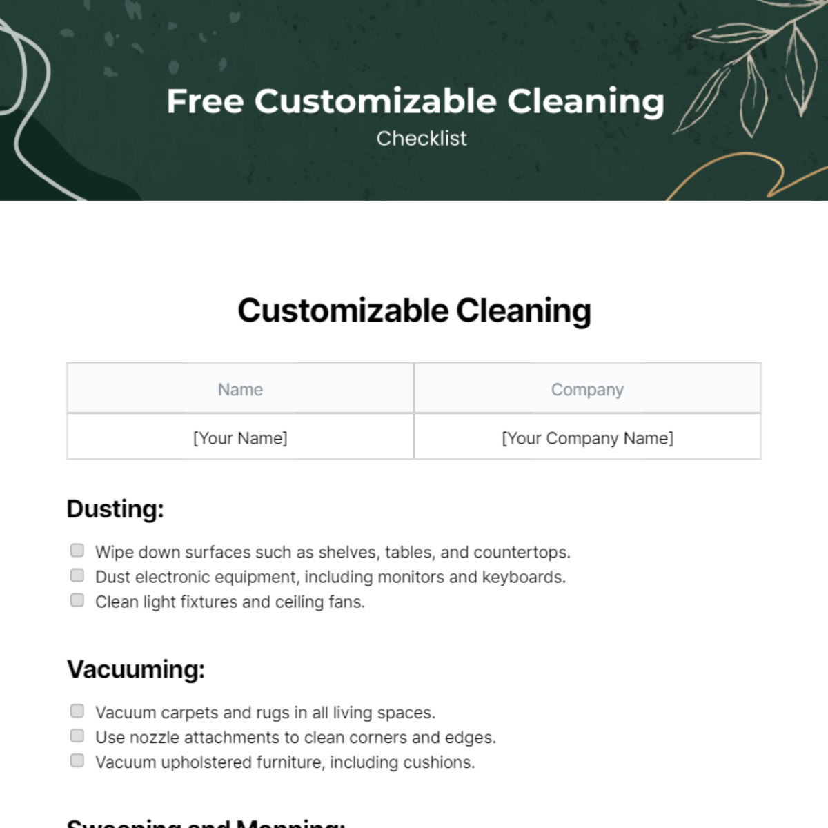Customizable Cleaning Checklist Template