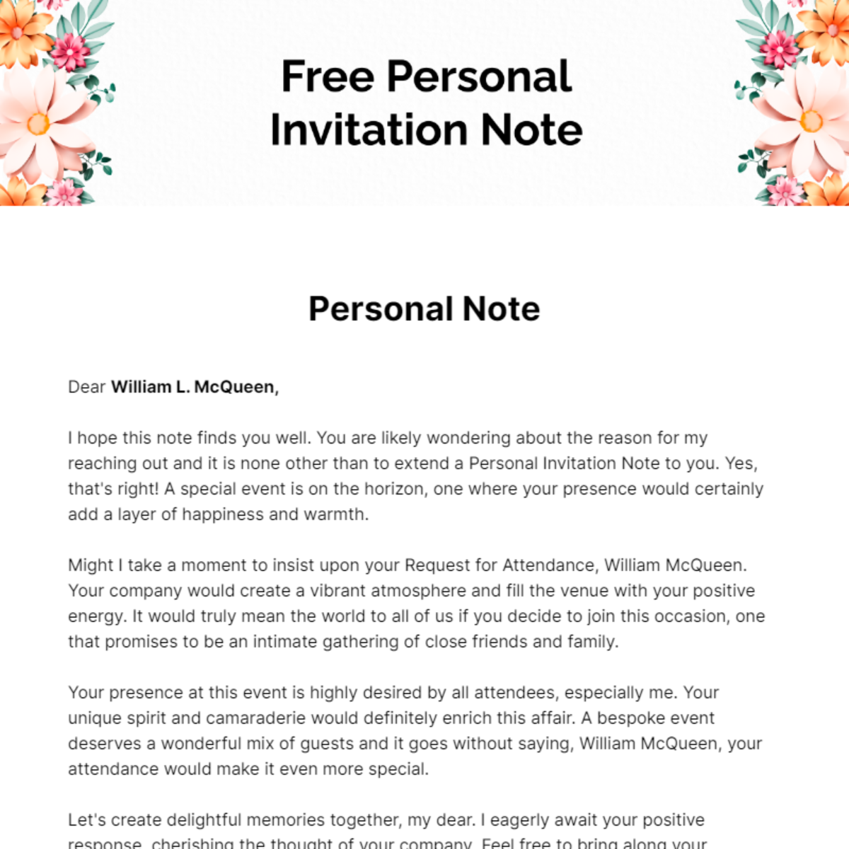Personal Invitation Note Template