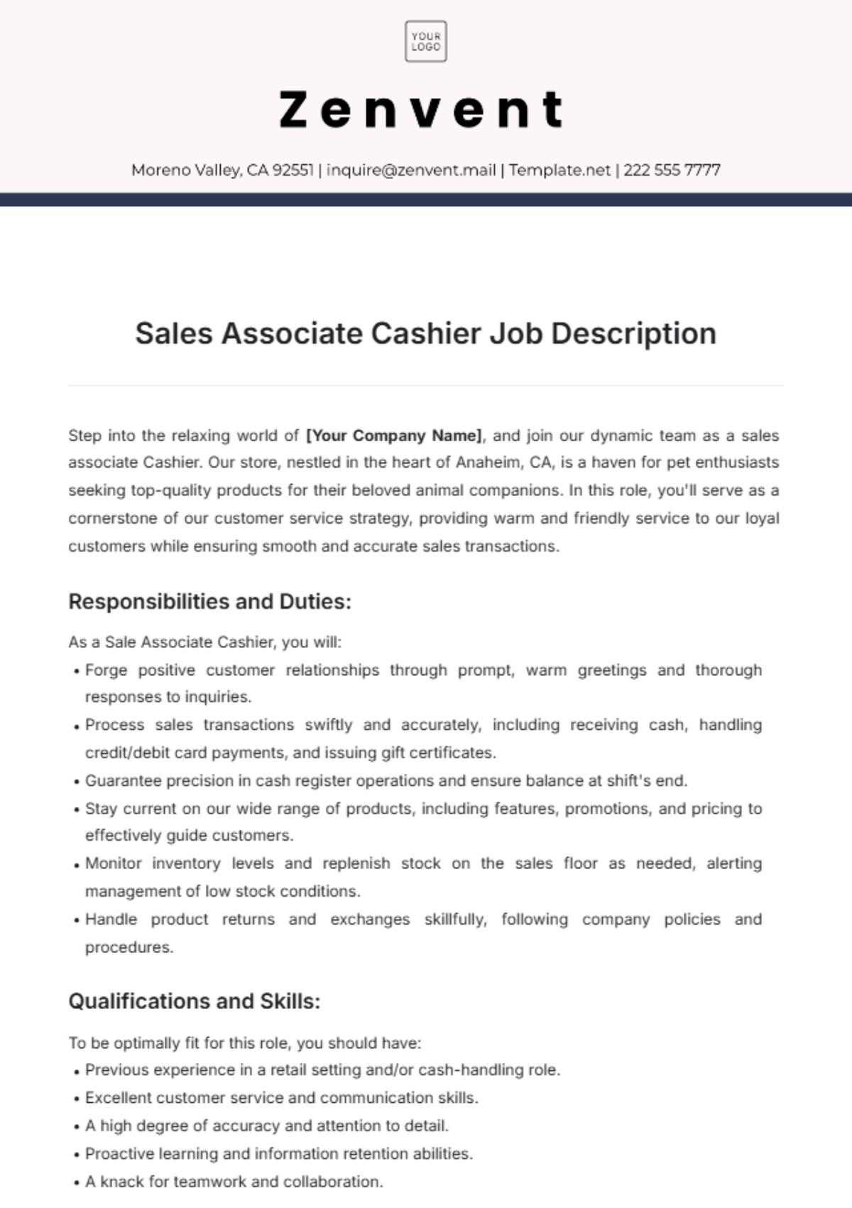 Sale Associate Cashier Job Description Template - Edit Online & Download