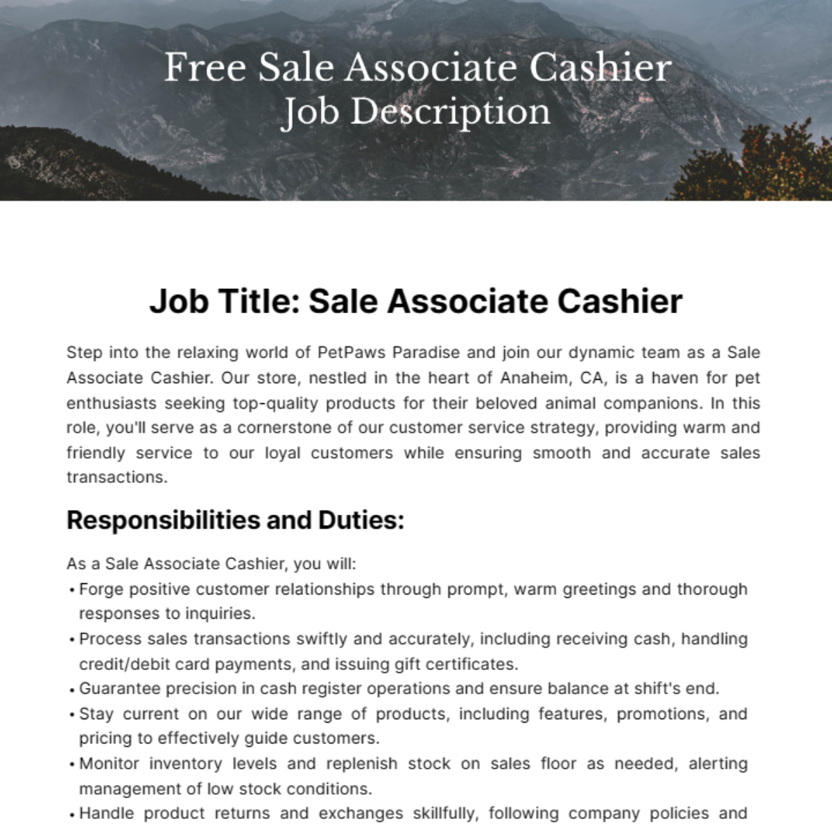 Sale Associate Cashier Job Description Template