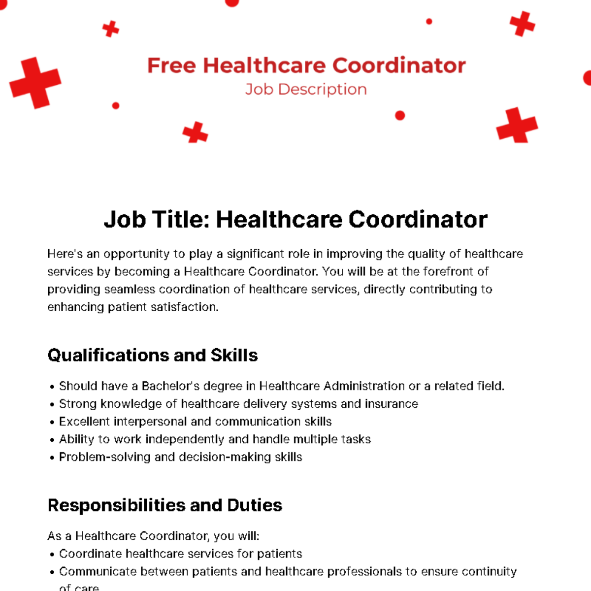 Free Healthcare Coordinator Job Description Template