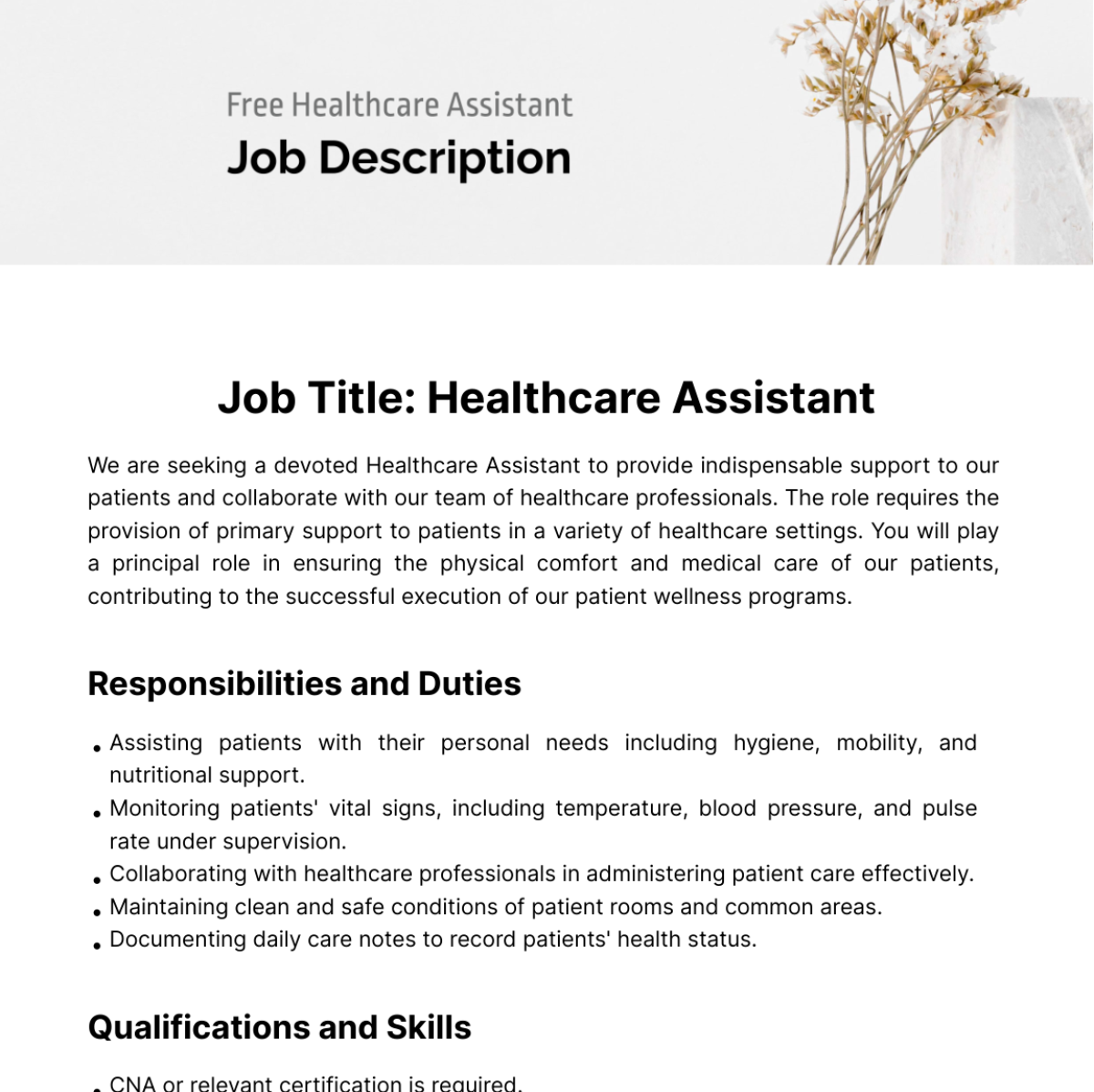 Free Healthcare Assistant Job Description Template