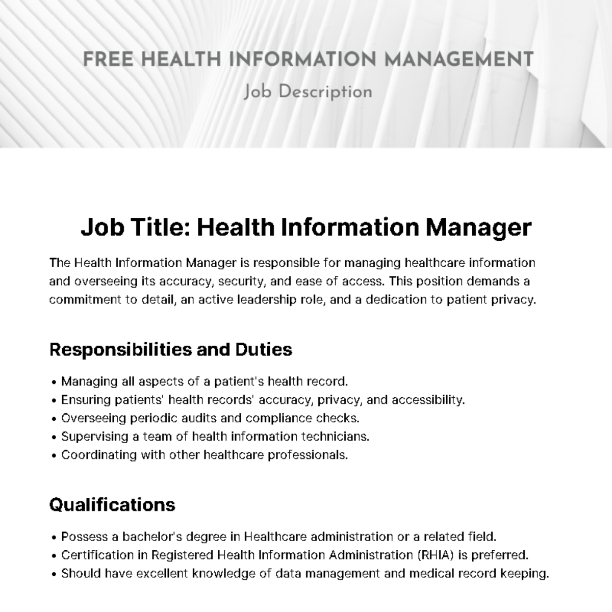 Free Health Information Management Job Description Template