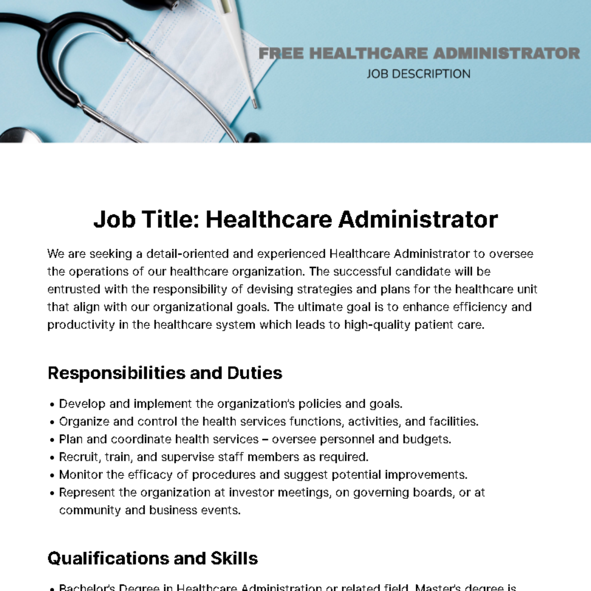 Free Healthcare Administrator Job Description Template