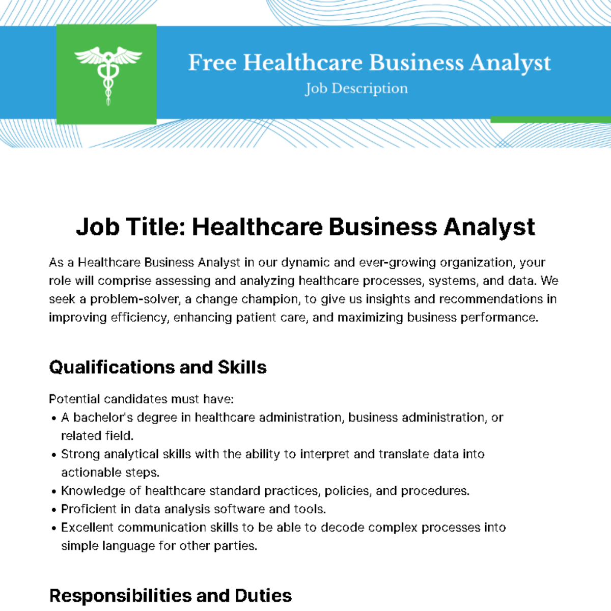 Free Healthcare Business Analyst Job Description Template