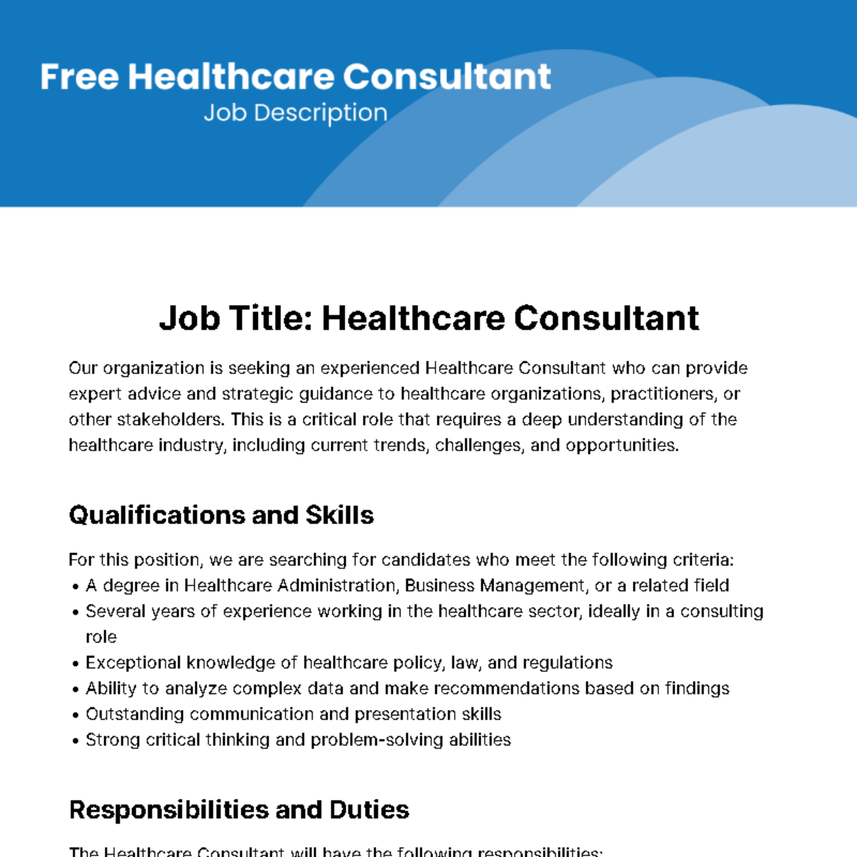 Free Healthcare Consultant Job Description Template