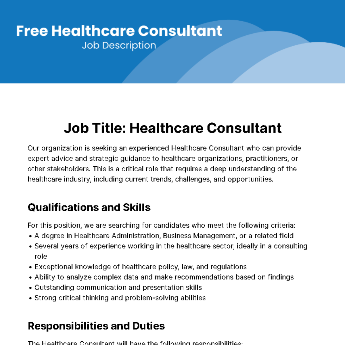 Free Healthcare Consultant Job Description Template Edit Online 