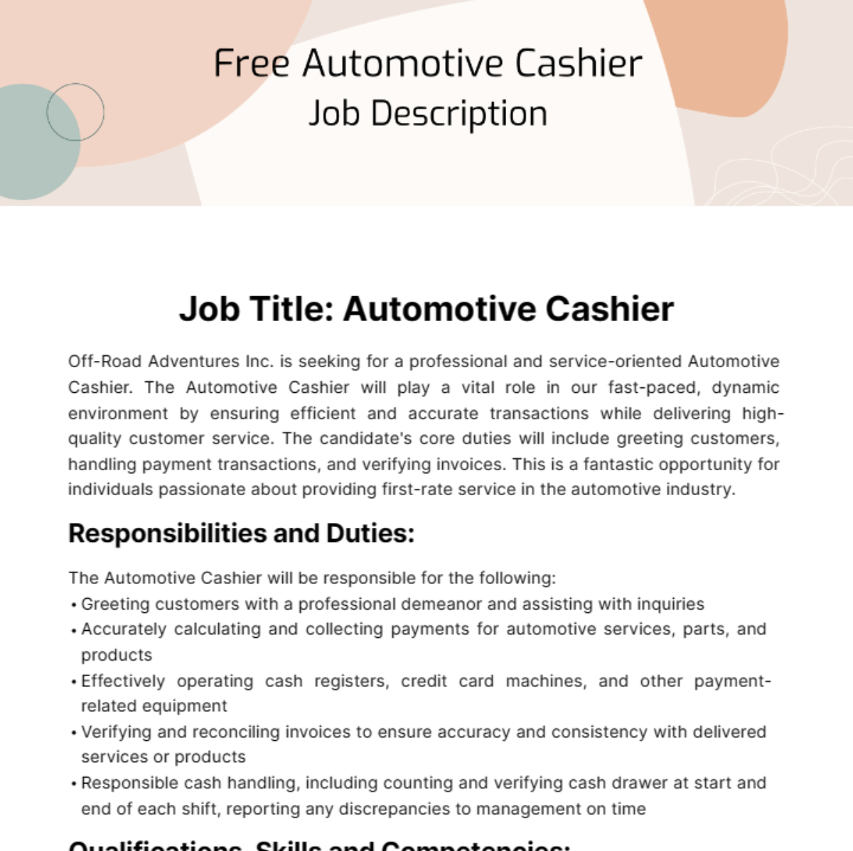 Automotive Cashier Job Description Template