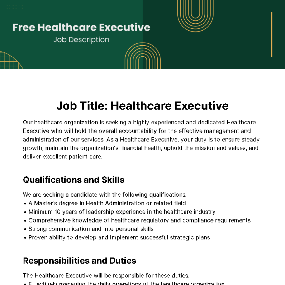 Healthcare Executive Job Description Template