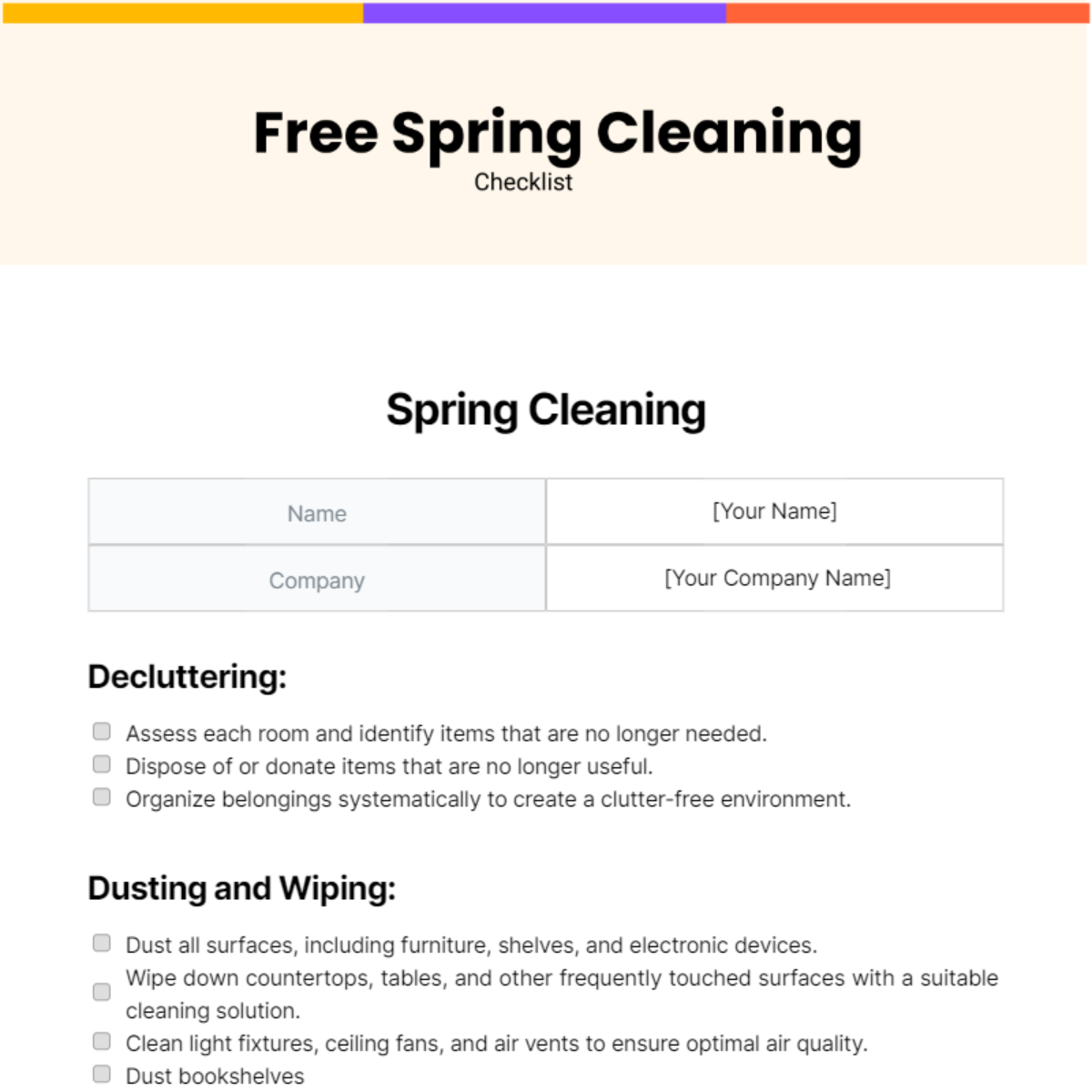 Free Spring Cleaning Checklist Template