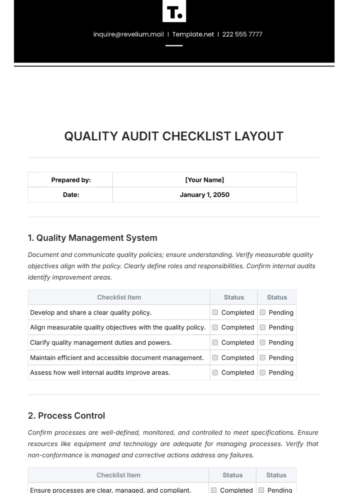 Quality Audit Checklist Layout Template - Edit Online & Download