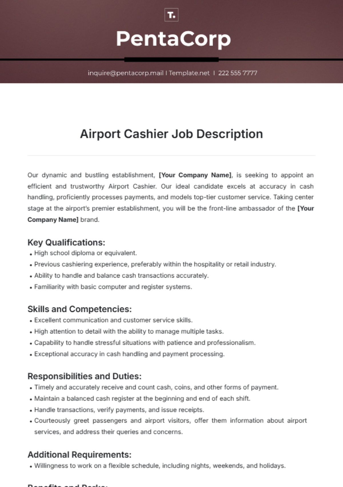 Airport Cashier Job Description Template - Edit Online & Download