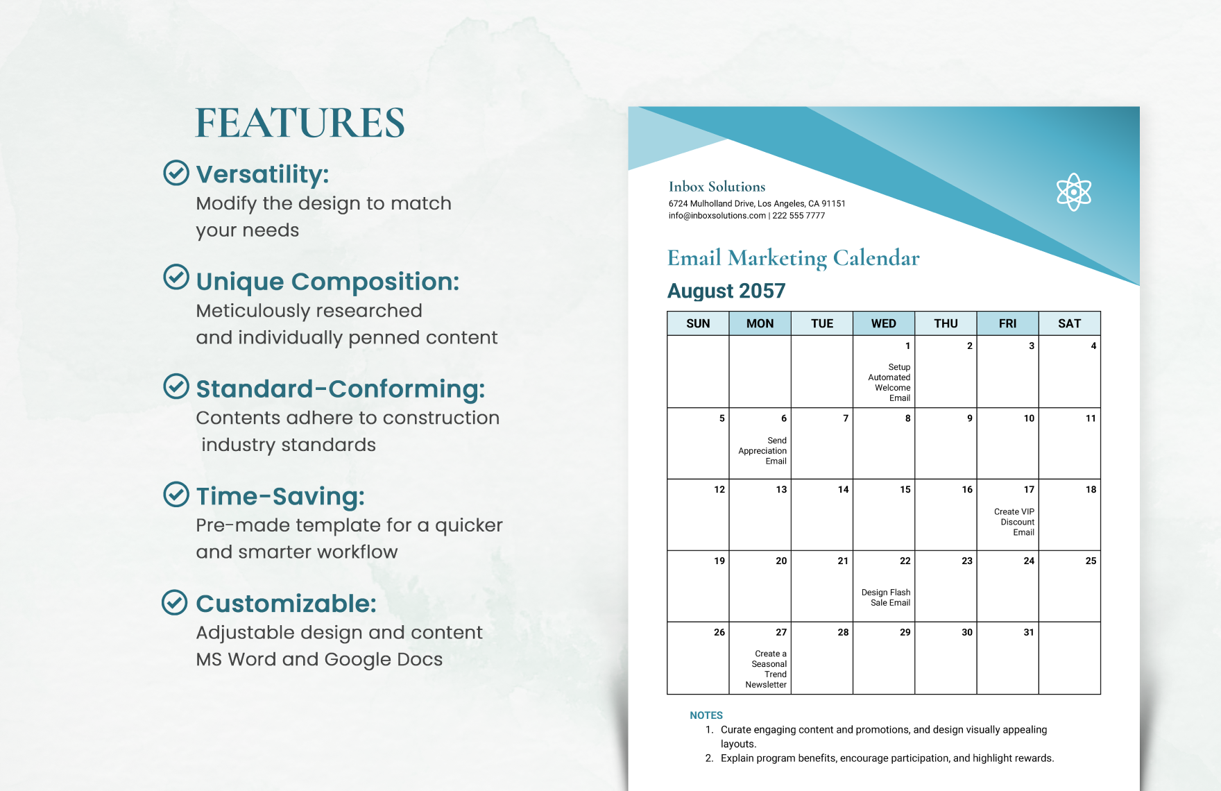 Email Marketing Calendar Template in Portable Documents, MS Word