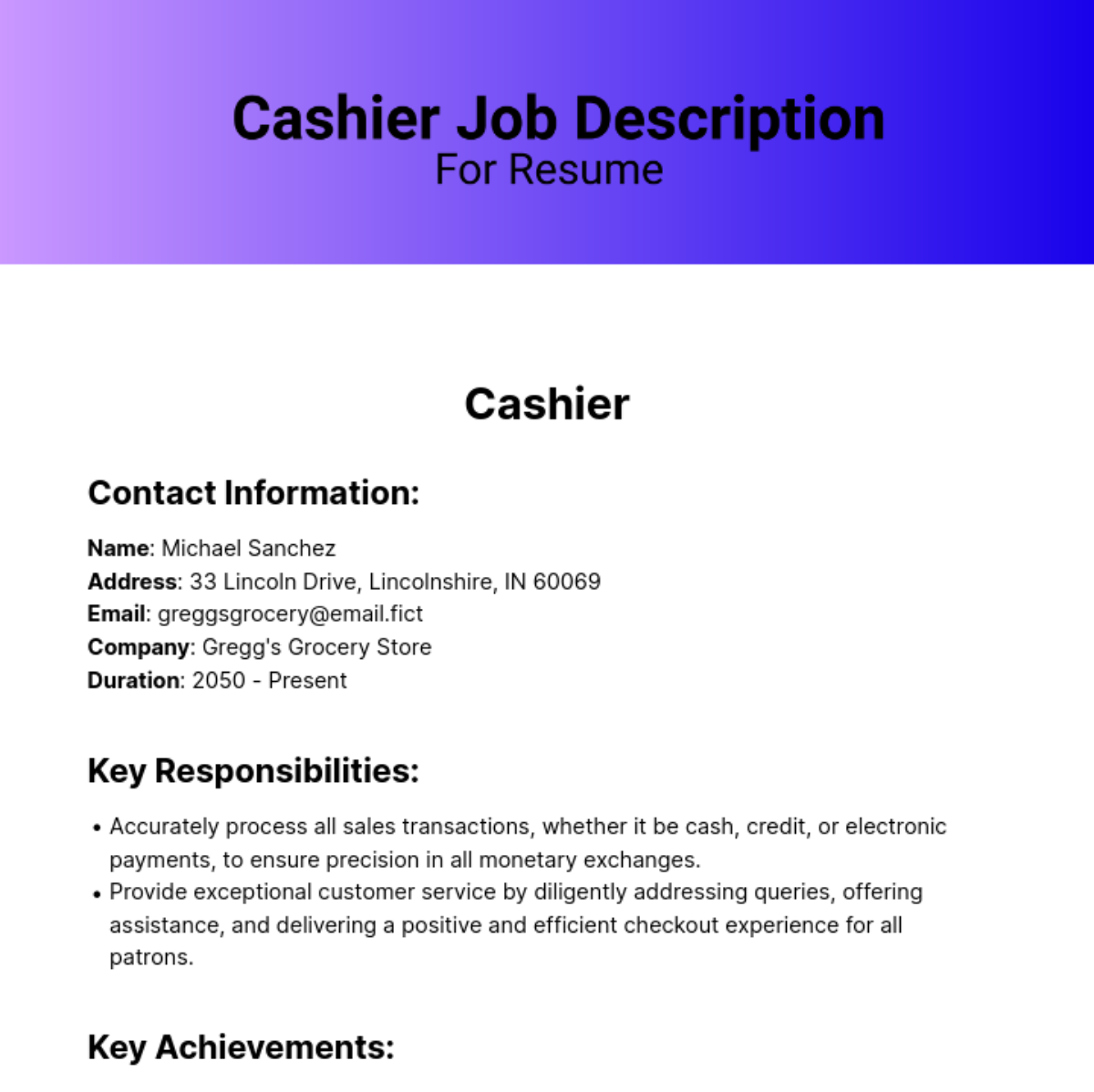 Free Cashier Job Description for Resume Template