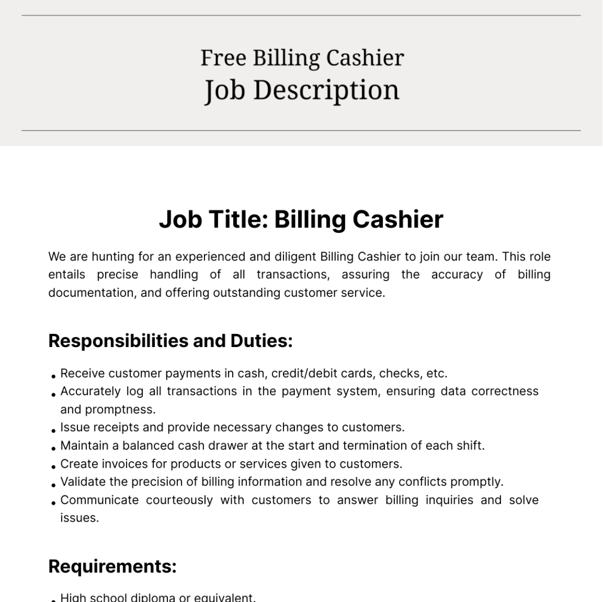 Free Billing Cashier Job Description Template