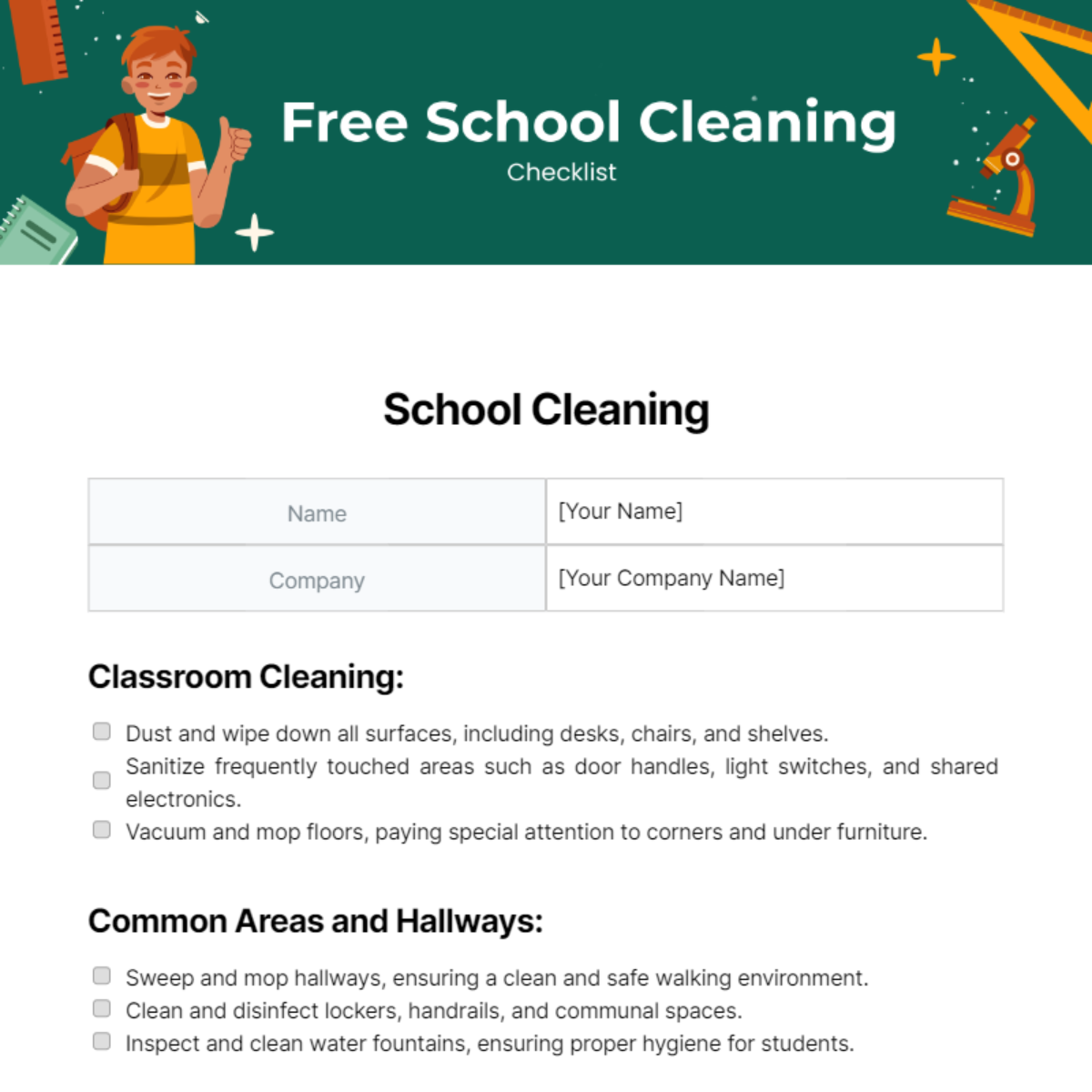 School Cleaning Checklist Template
