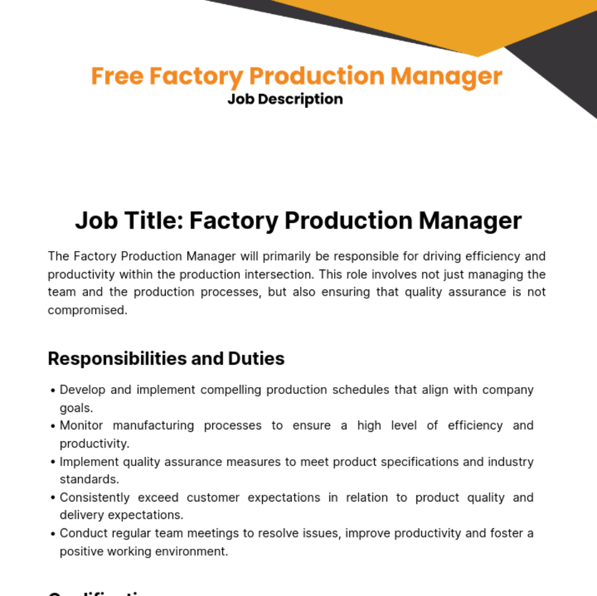 Free Factory Production Manager Job Description Template