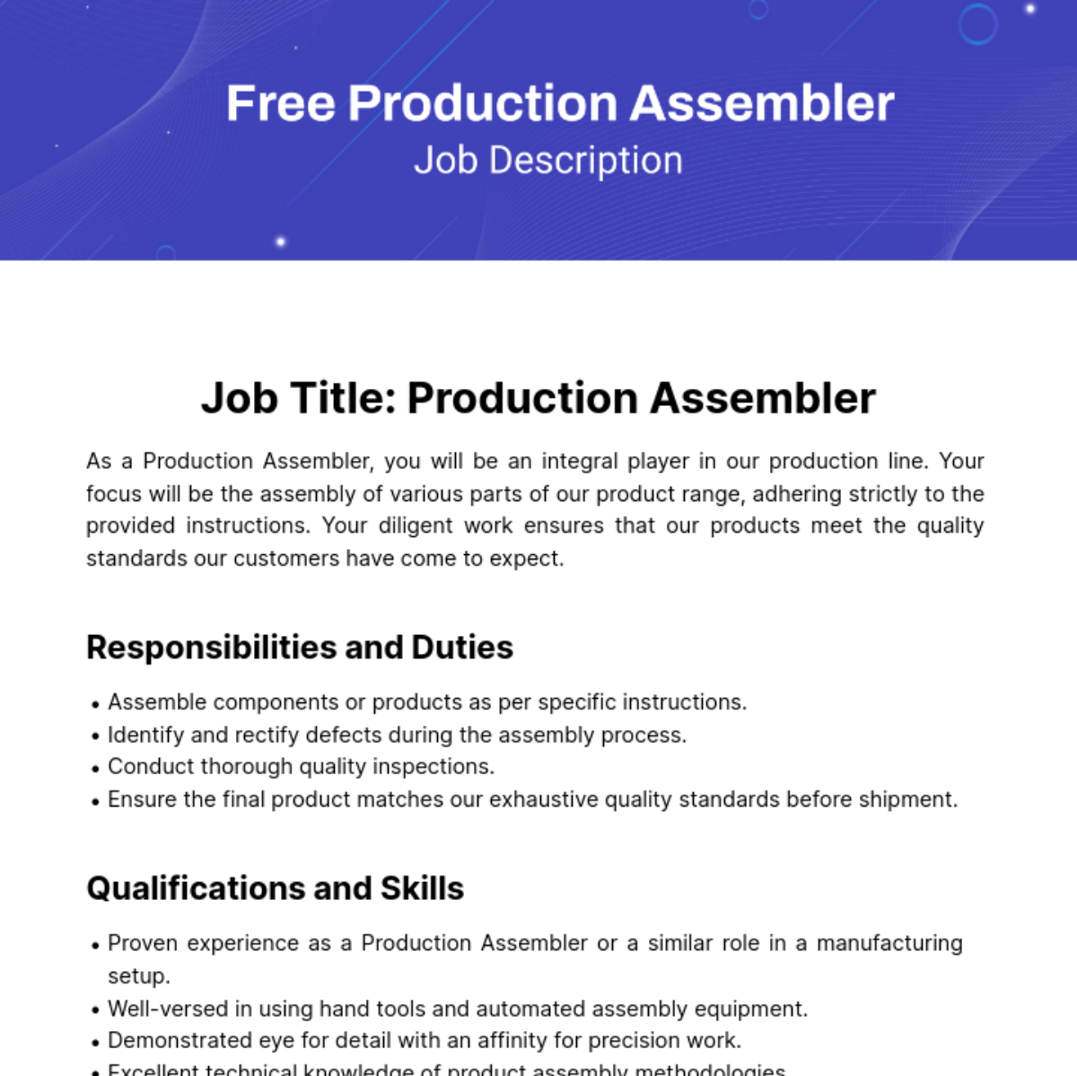 Production Assembler Job Description Template