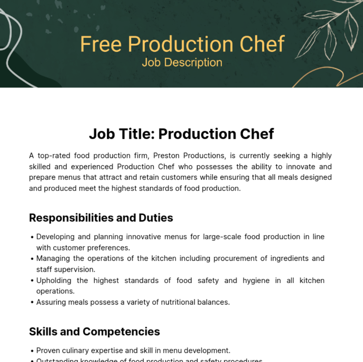 Free Production Chef Job Description Template