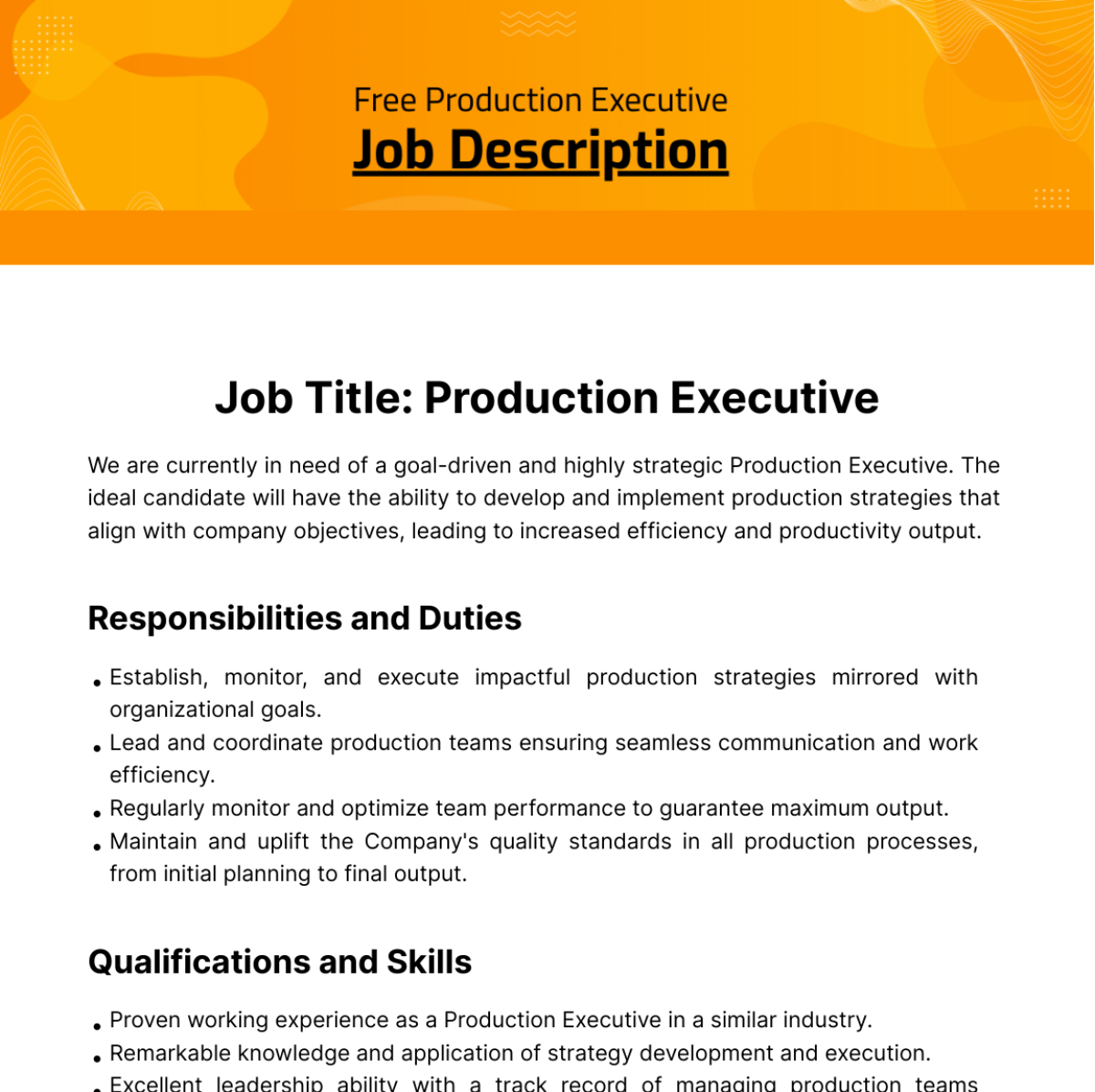 Production Executive Job Description Template