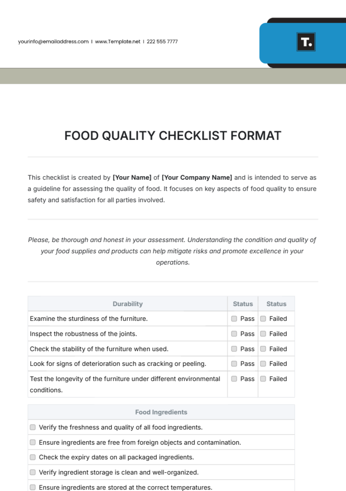 Food Quality Checklist Format Template - Edit Online & Download