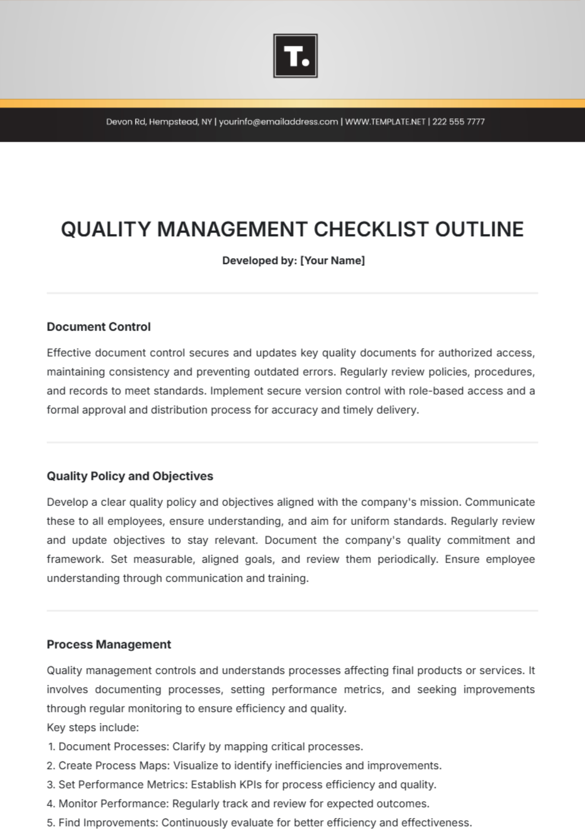 Quality Management Checklist Outline Template - Edit Online & Download