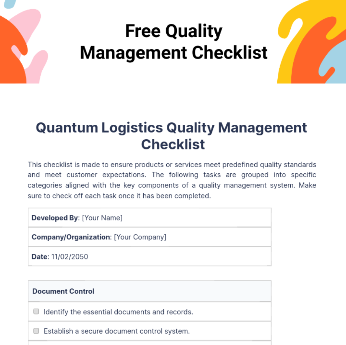Quality Management Checklist Template