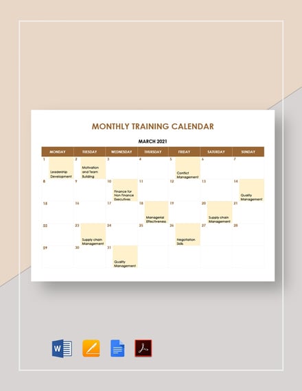 Monthly Training Calendar
