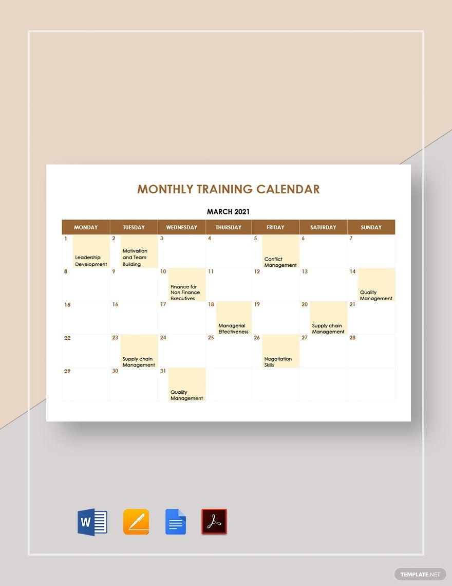 Monthly Training Calendar Template in Google Docs, Word, Pages, PDF