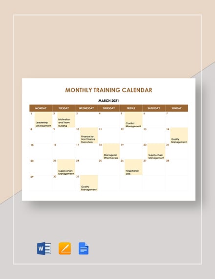 monthly training calendar