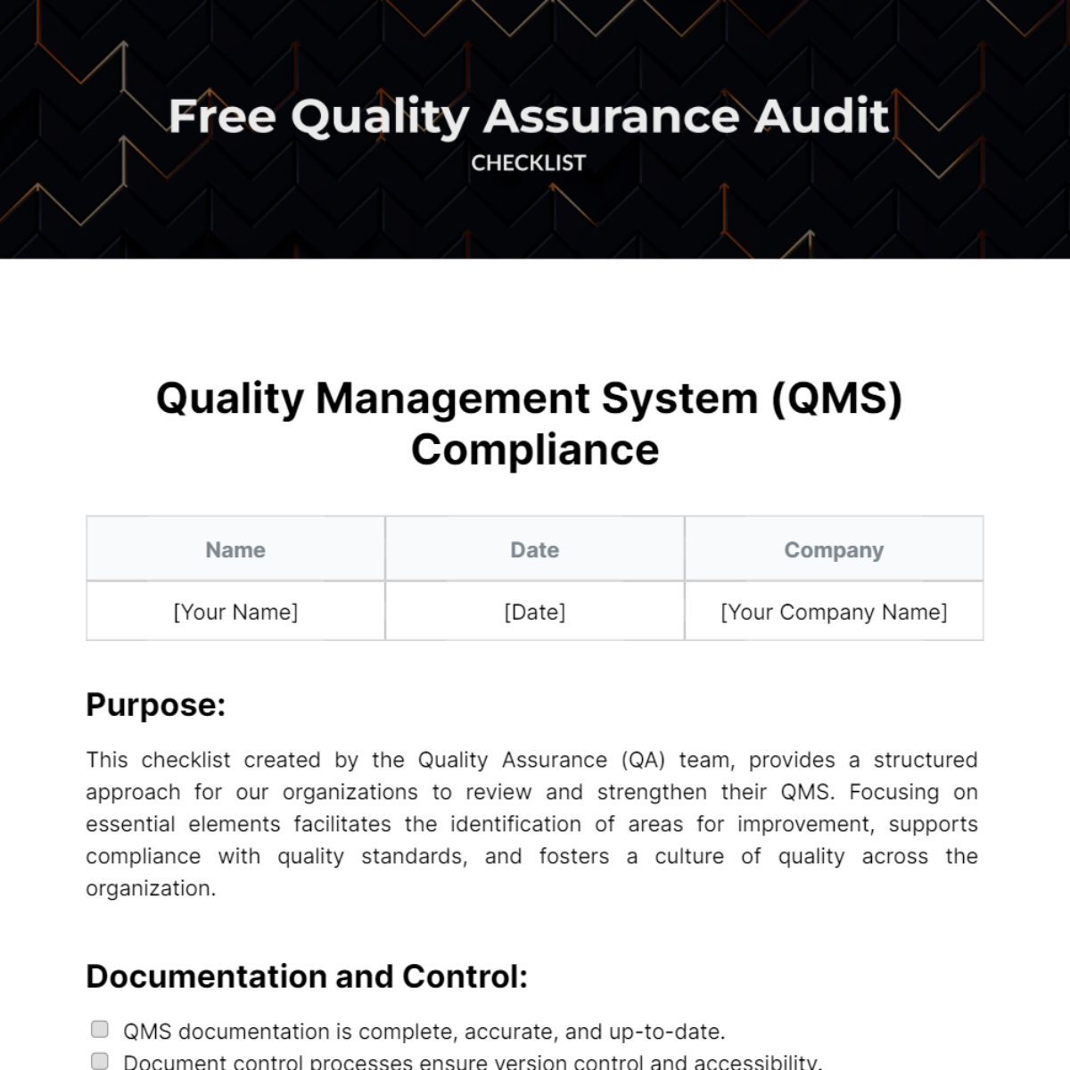 Quality Assurance Audit Checklist Template