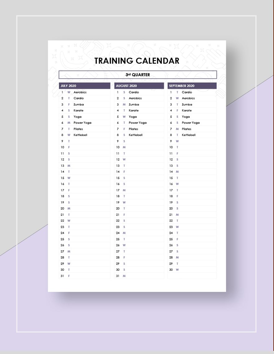 Sample Training Calendar Template