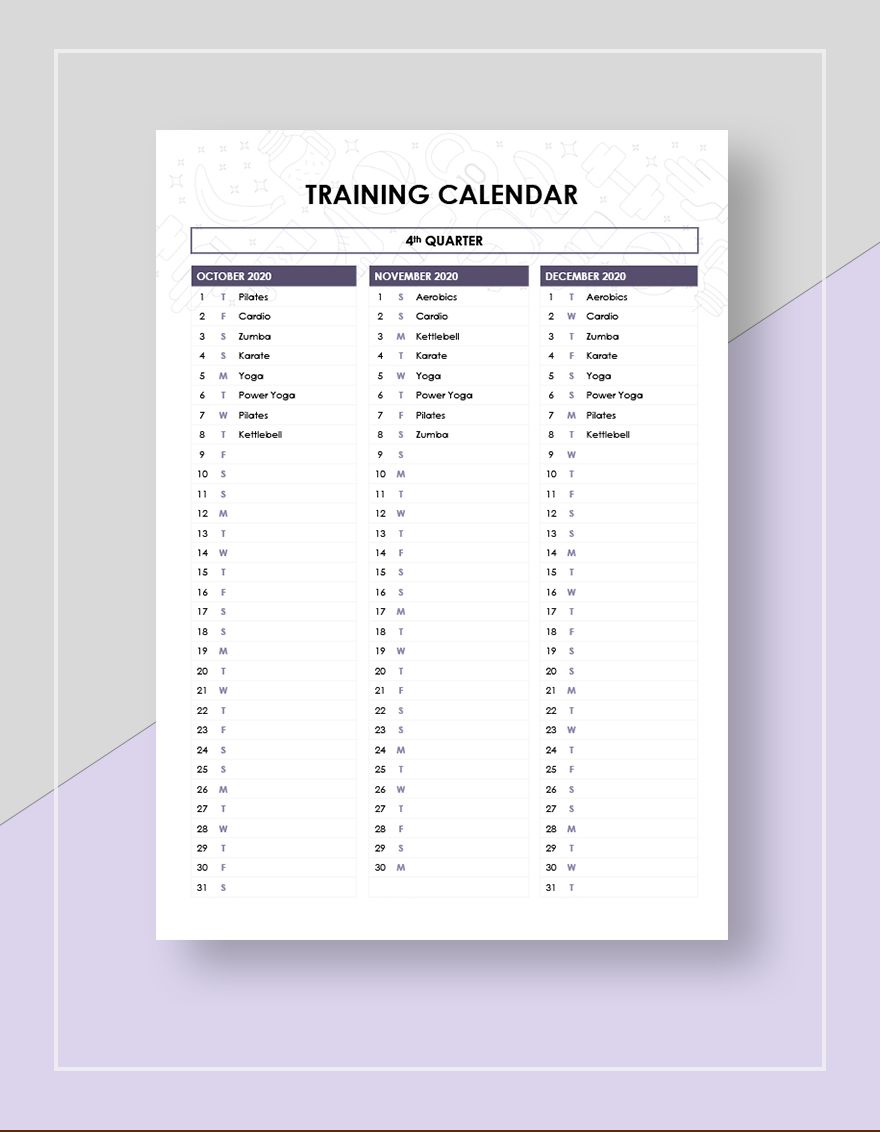 Sample Training Calendar Template