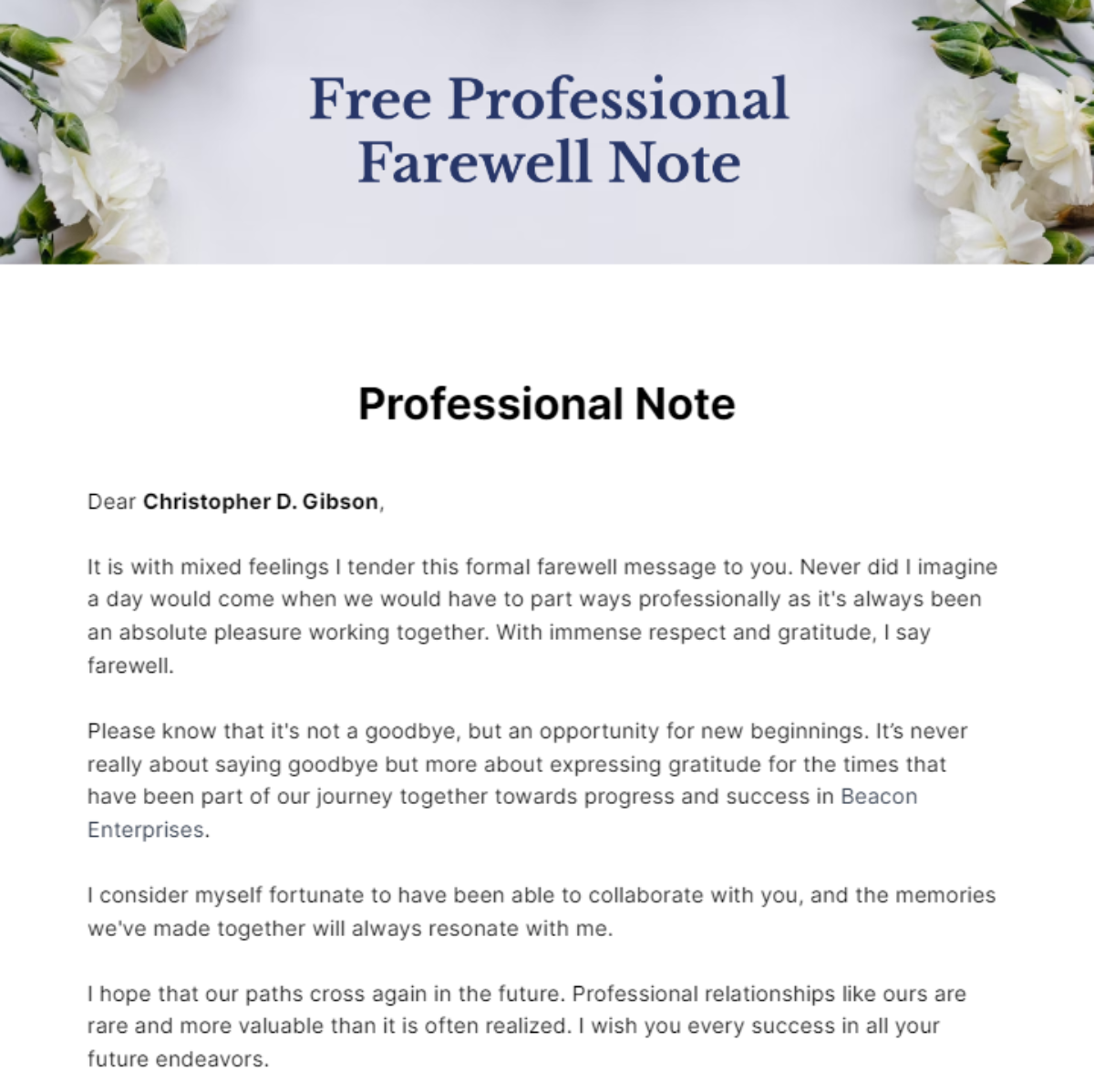 Professional Farewell Note Template