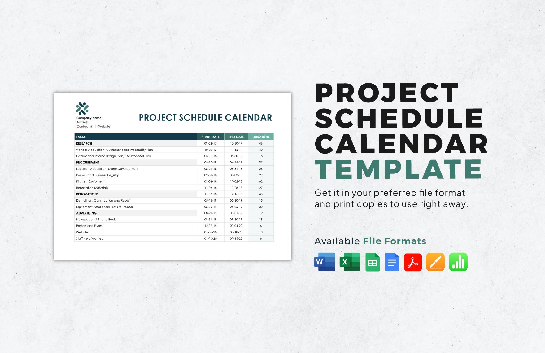 Project Schedule Calendar Template