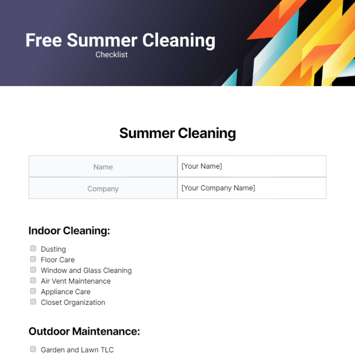 Free Summer Cleaning Checklist Template 