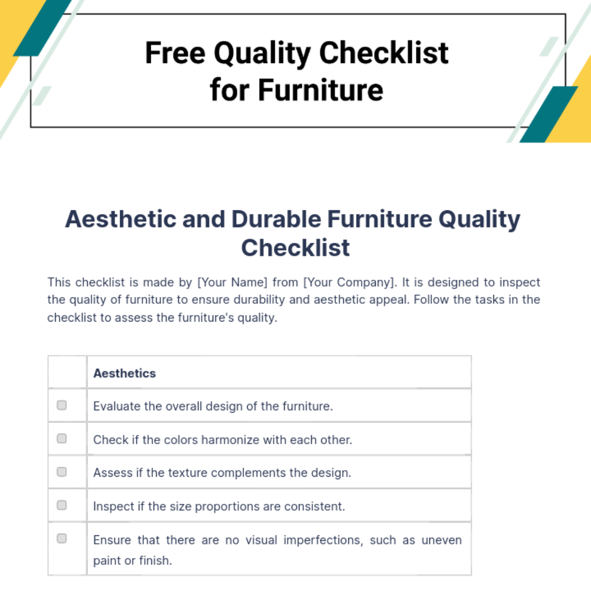 Quality Checklist for Furniture Template
