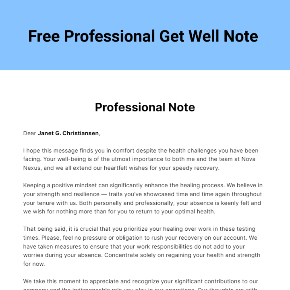Professional Get Well Note Template
