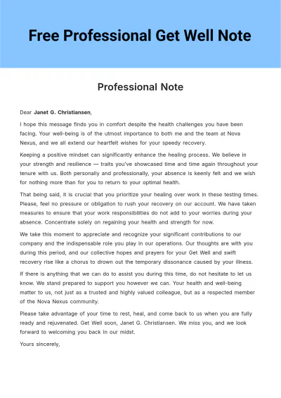 Free Professional Get Well Note Template to Edit Online