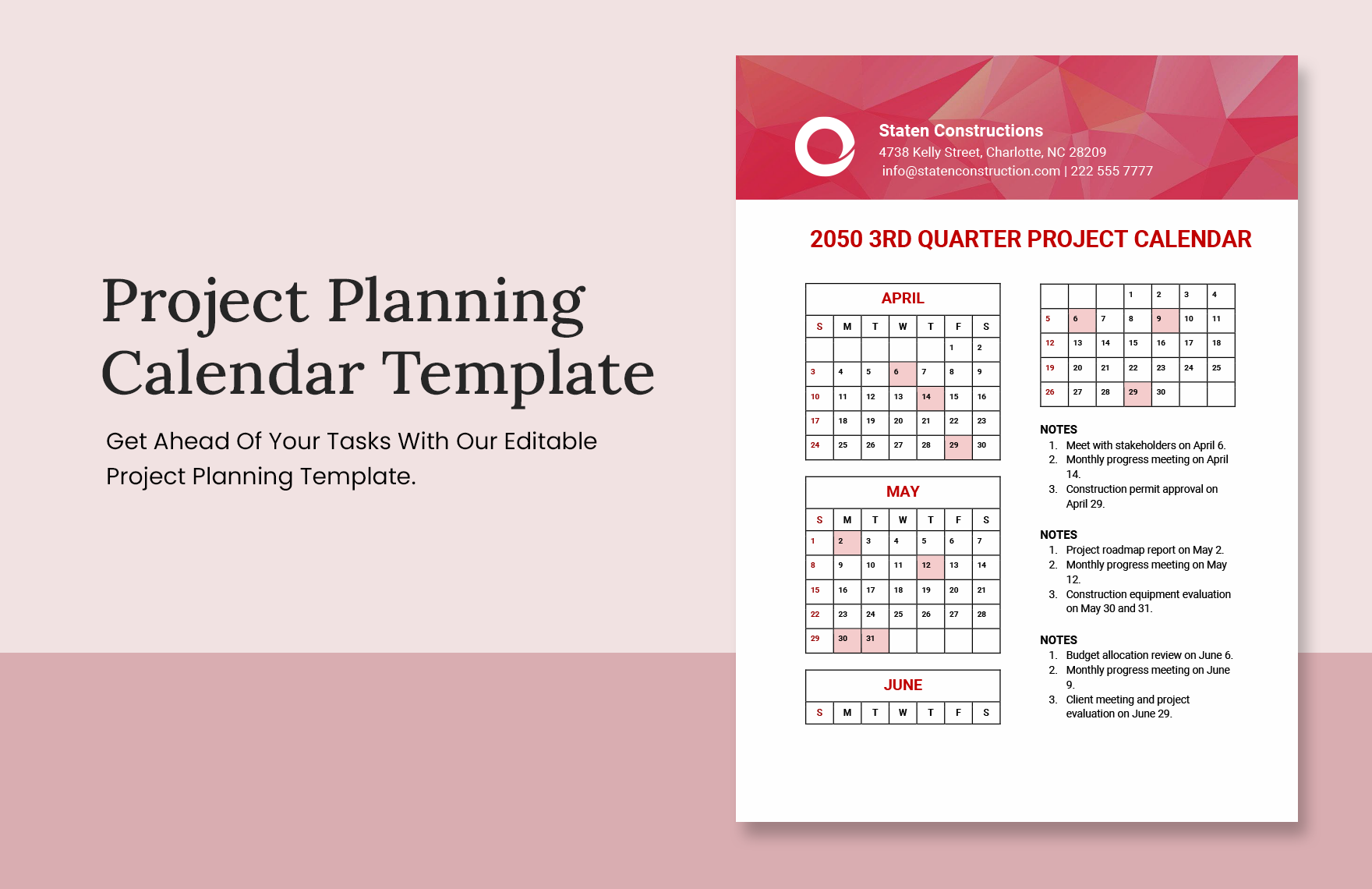 Project Planning Calendar Template Google Docs Word Apple Pages