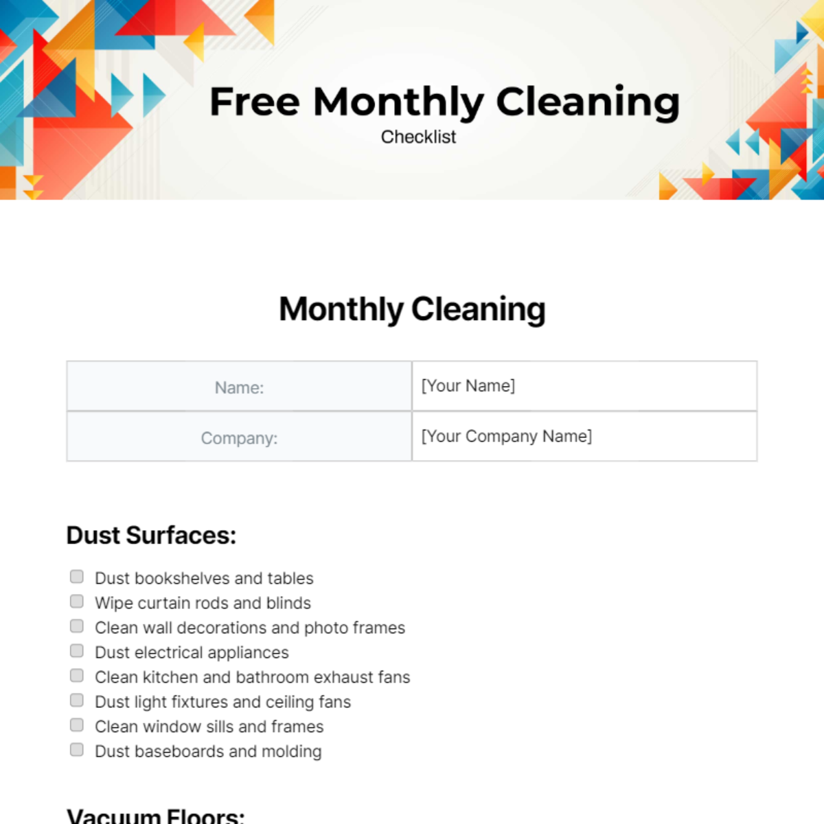 Free Monthly Cleaning Checklist Template