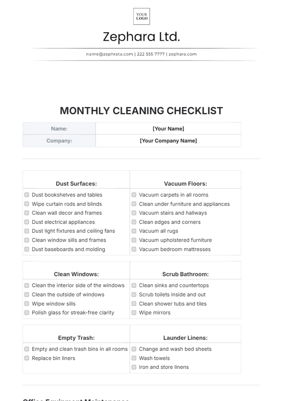 Monthly Cleaning Checklist Template - Edit Online & Download