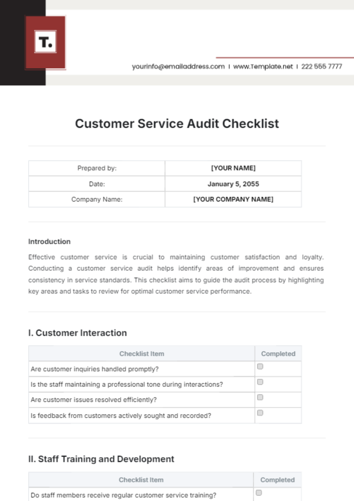 Customer Service Audit Checklist Template - Edit Online & Download