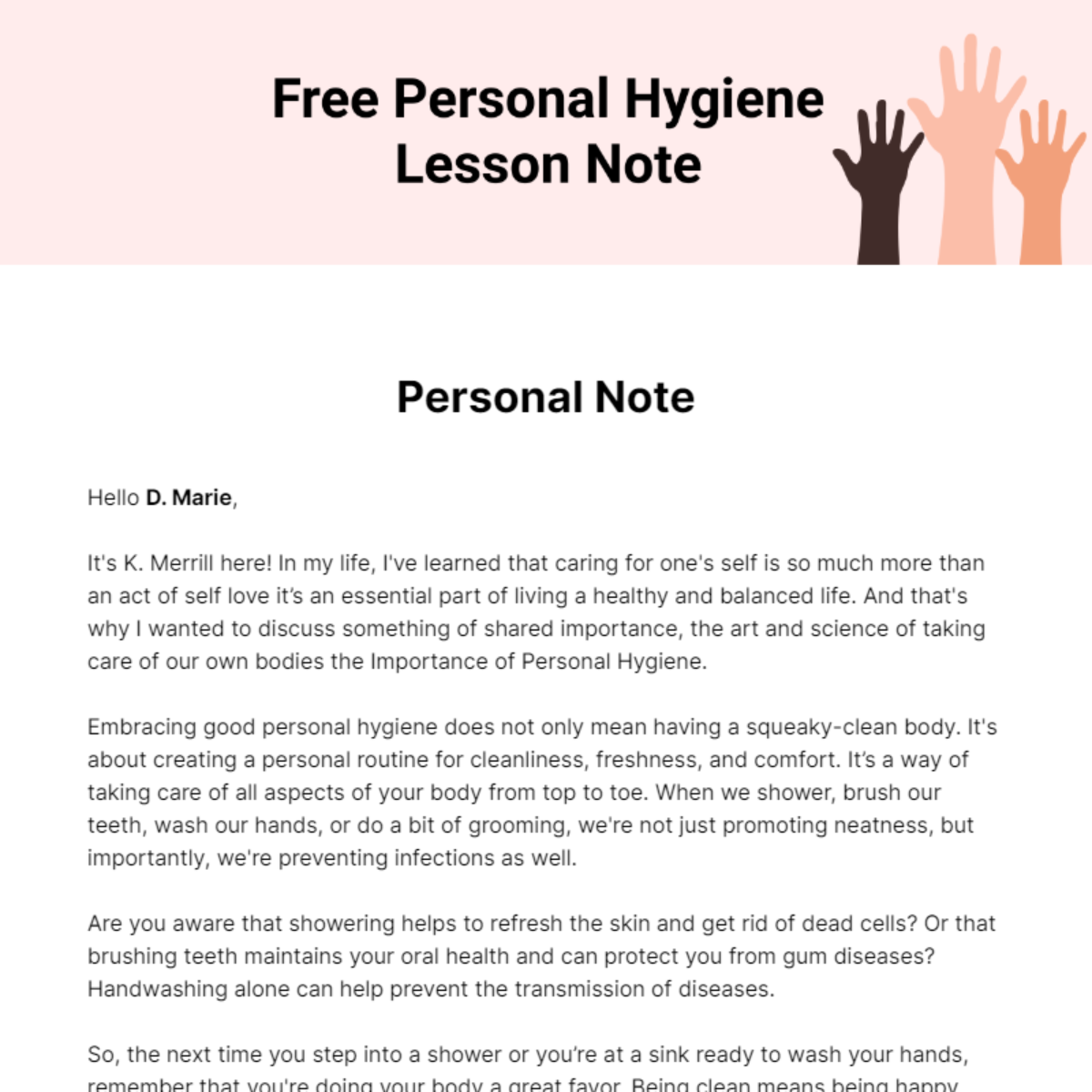 Personal Hygiene Lesson Note Template